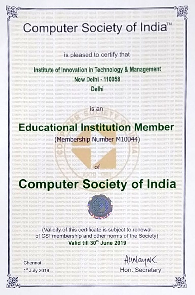 Membership of IITM Janakpuri Delhi with Computer Society of India (CSI ...