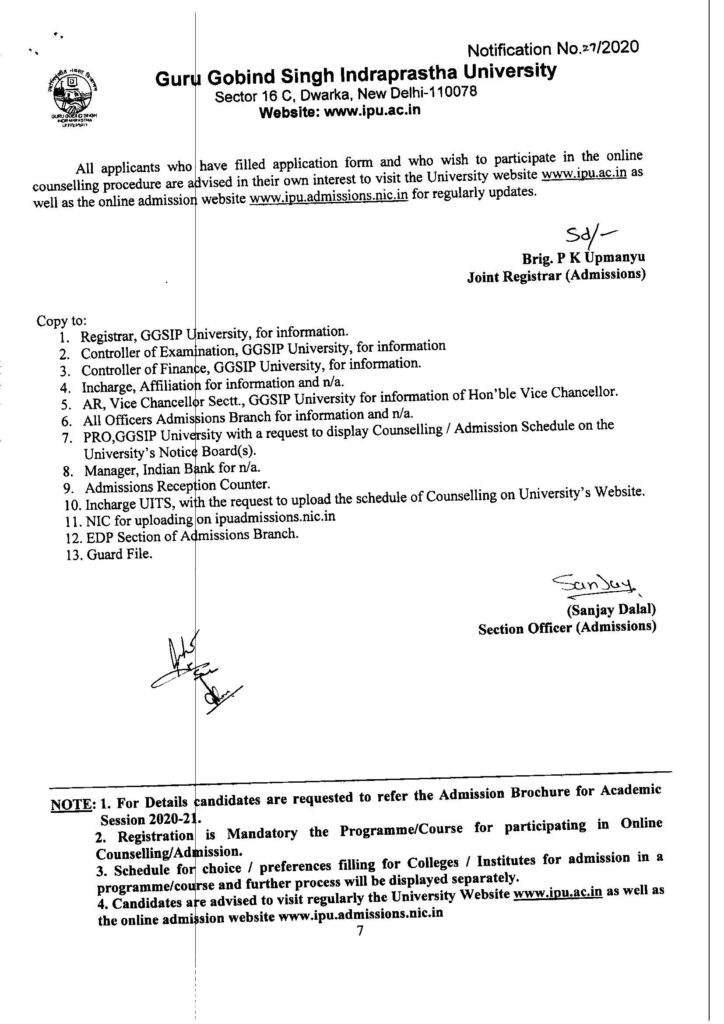 Schedule For Online Registration And Submission Of Counselling Participation Fees Of 23 Programmes