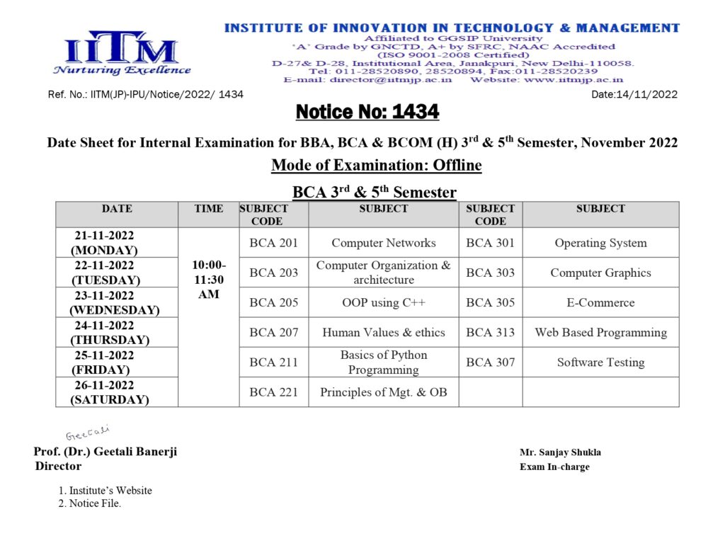 Datesheet For Internal Examination For BCA/BBA/BCOM(H) 3rd & 5th Sem – IITM